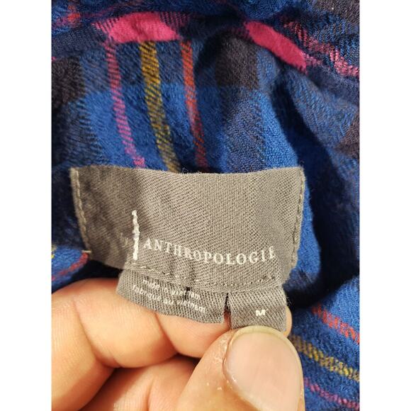 Anthropologie Shirt Womens Medium Blue 1/2 Button Isadora Flannel Plaid Stretch - Picture 7 of 11